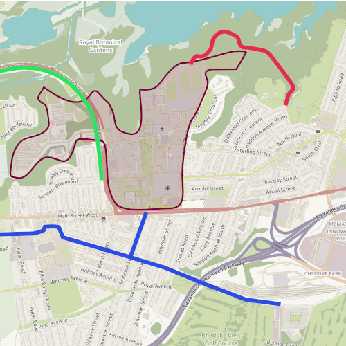 A Map depicting 3 different walking trails that lead to McMaster's campus